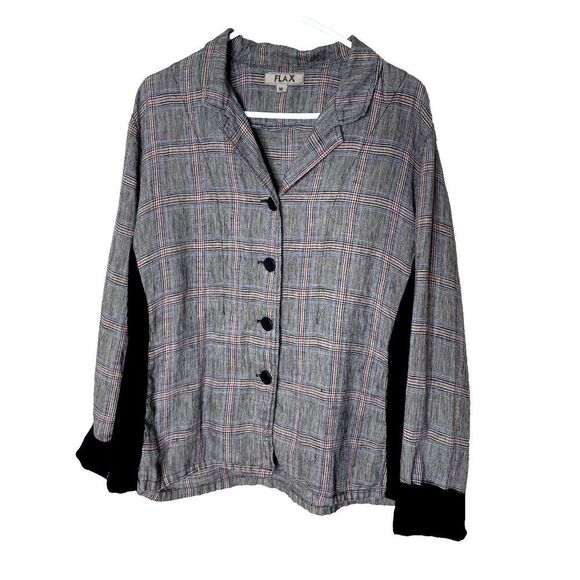 FLAX Size M Jacket 100% Linen Button Front Blazer Lagenlook Plaid - Picture 1 of 9